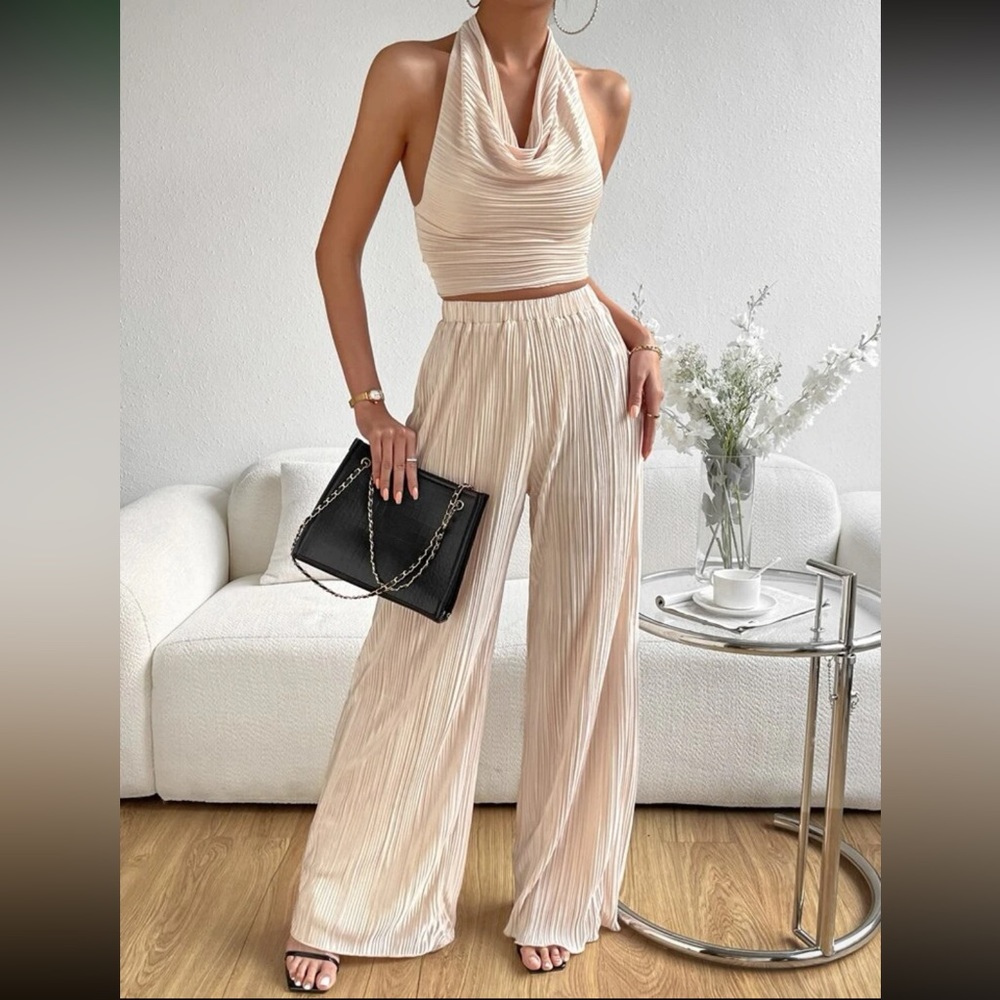 Backless halter top & wide leg pants set
